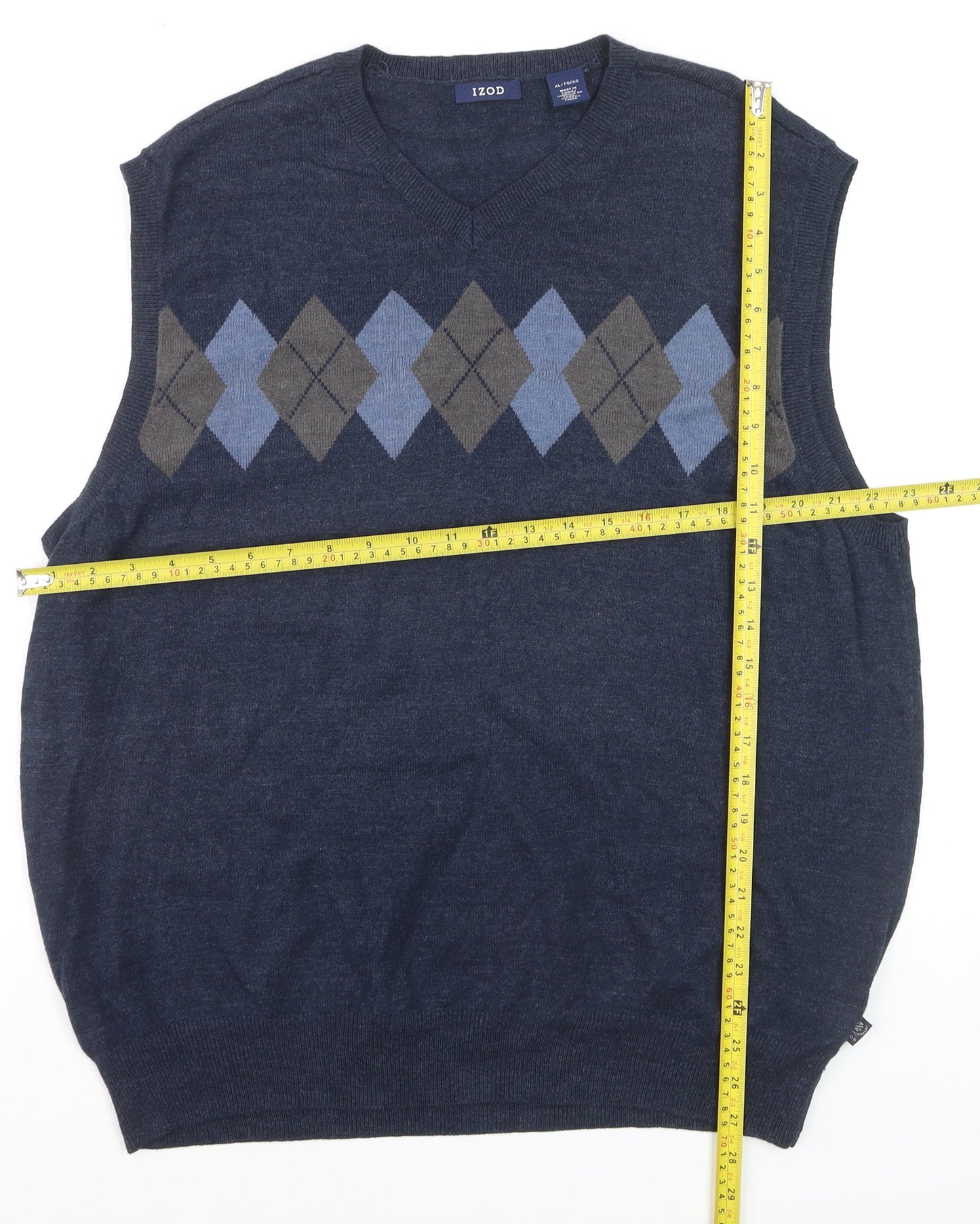 IZOD Men's Blue Argyle Sleeveless V-Neck Cotton Blend Knit Jumper Vest XL