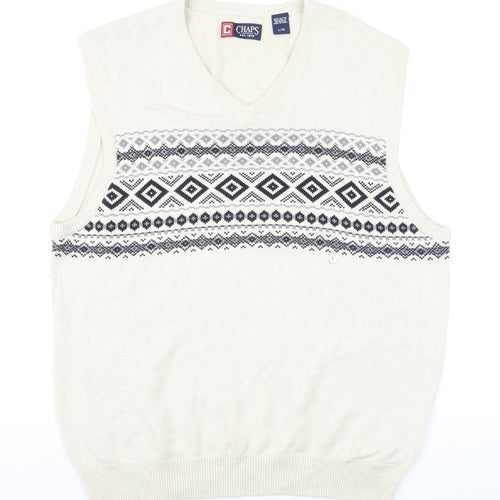 Chaps Men's Ivory Fair Isle Cotton V-Neck Sleeveless Jumper Vest L