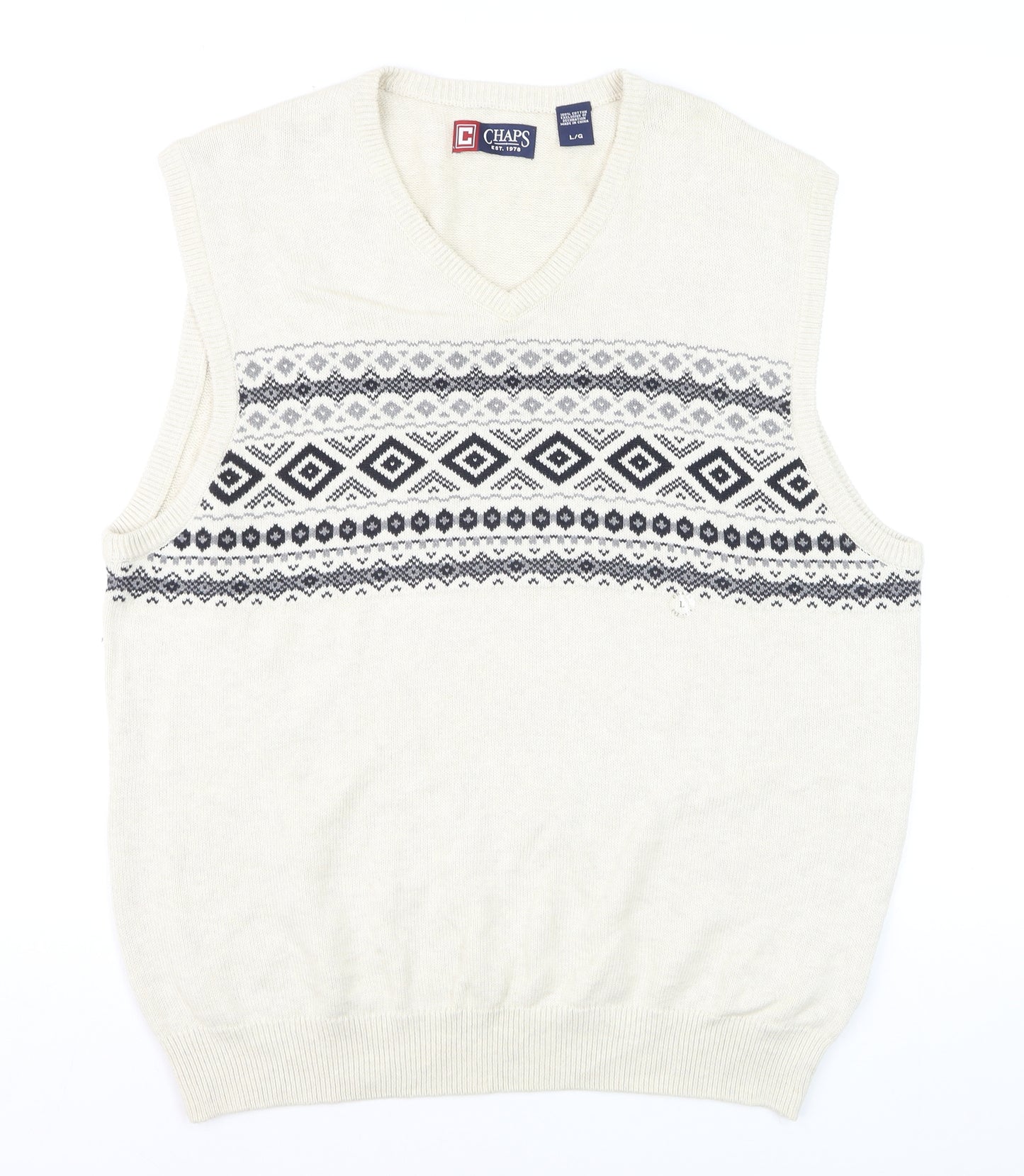 Chaps Men's Ivory Fair Isle Cotton V-Neck Sleeveless Jumper Vest L