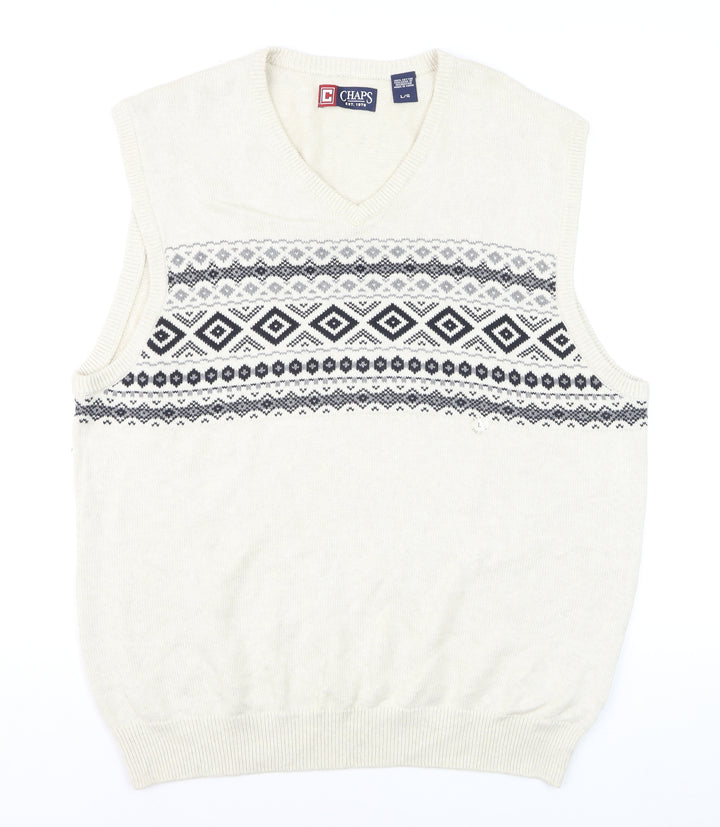Chaps Men's Ivory Fair Isle Cotton V-Neck Sleeveless Jumper Vest L