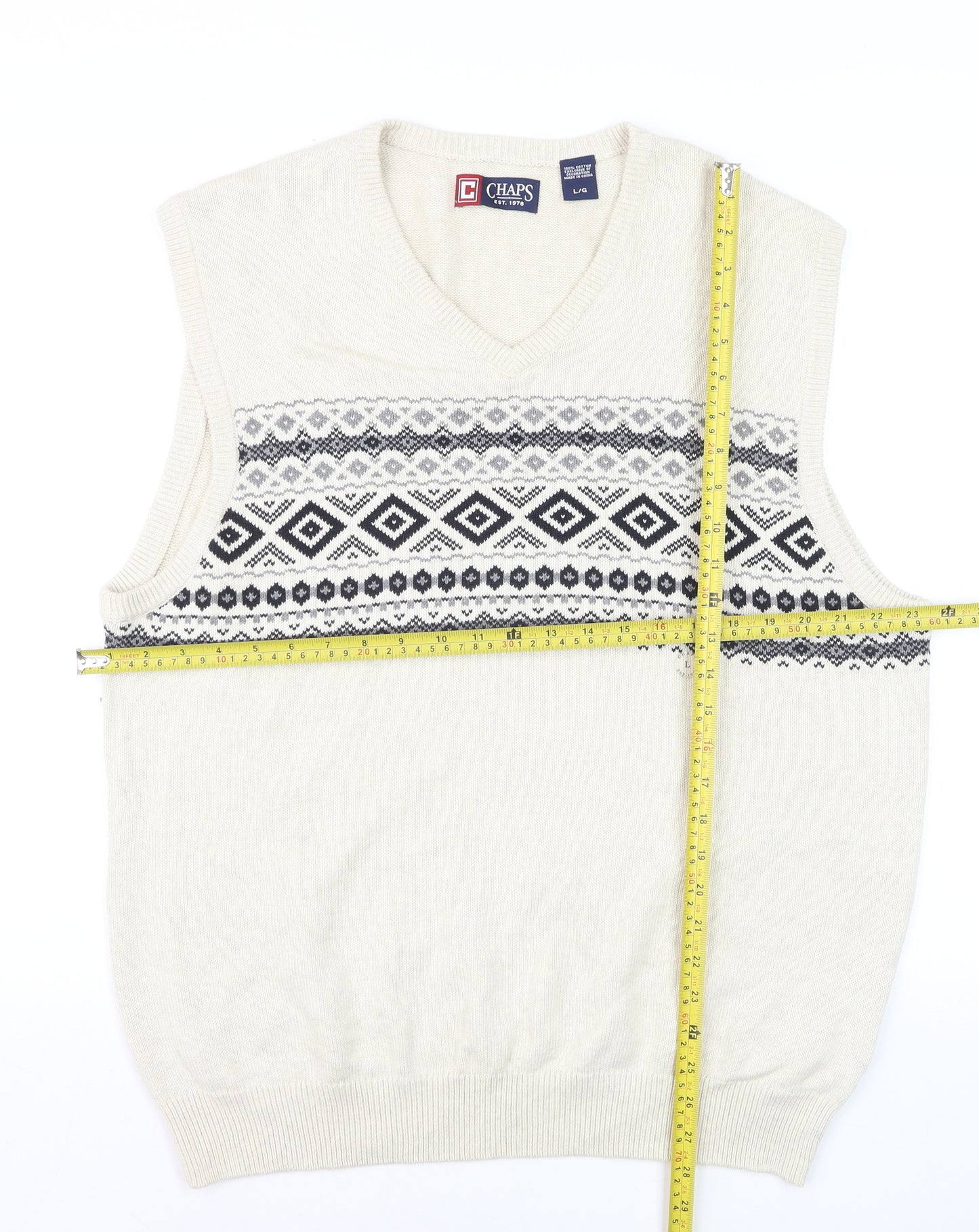 Chaps Men's Ivory Fair Isle Cotton V-Neck Sleeveless Jumper Vest L