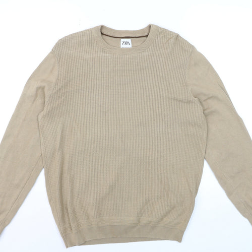 Zara Men’s Beige Cotton Knit Crew Neck Pullover Jumper M