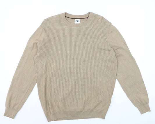 Zara Men’s Beige Cotton Knit Crew Neck Pullover Jumper M