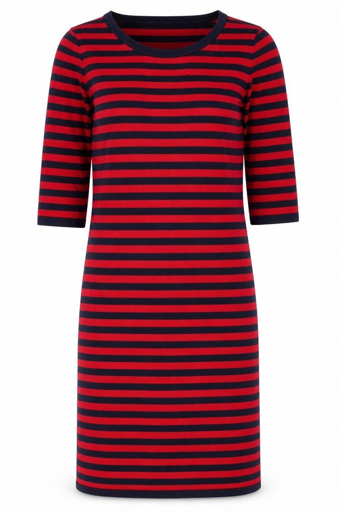 Front view of ESPRIT Women Red Navy Stripe Shift Dress, size S, Cotton Stretch