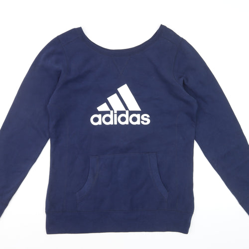 Adidas Womens Navy Blue Pullover Sweatshirt L Logo Pocket Casual