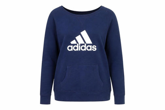 Front view of Adidas women’s navy blue pullover sweatshirt l logo pocket casual