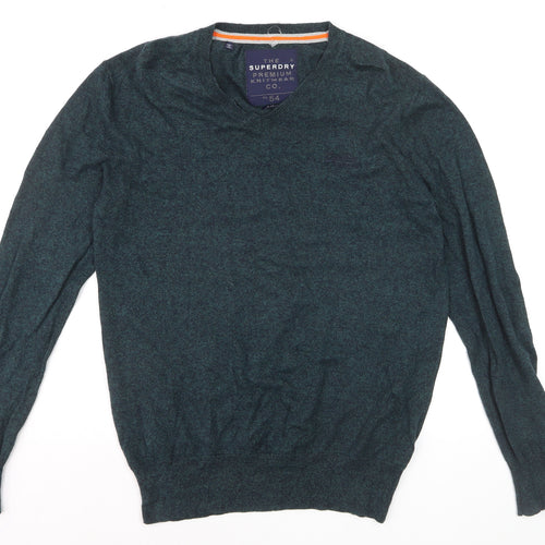 Superdry Men's Green V-Neck Knit Jumper Size L Cotton Blend
