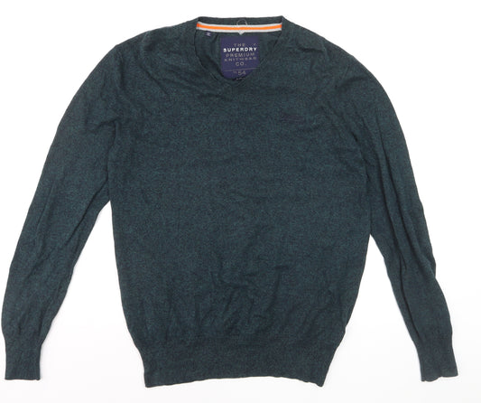 Superdry Men's Green V-Neck Knit Jumper Size L Cotton Blend