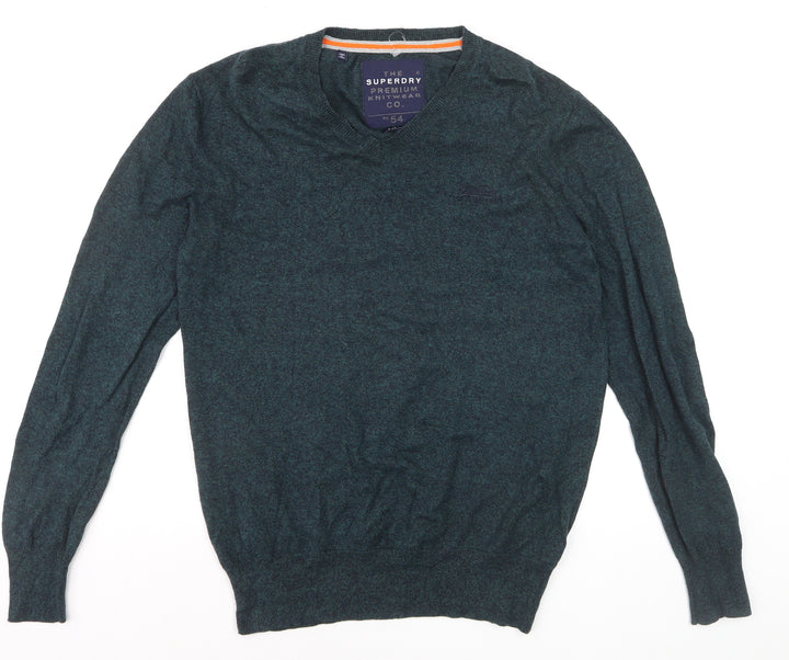 Superdry Men's Green V-Neck Knit Jumper Size L Cotton Blend