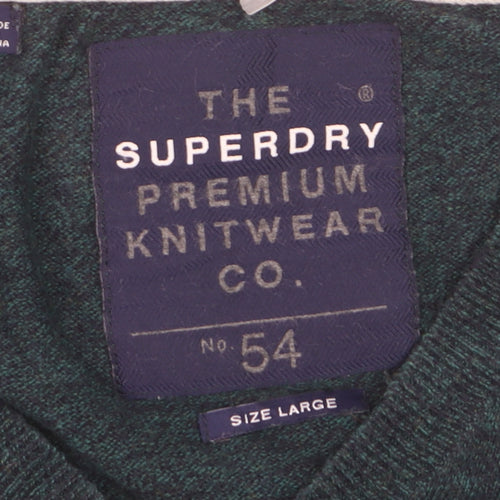 Superdry Men's Green V-Neck Knit Jumper Size L Cotton Blend