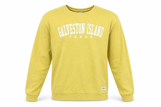 Front view of Shark Tee Men's Yellow Galveston Island Texas Pullover Sweatshirt L