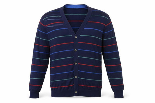 Front view of Oxford Golf Men's Blue Striped Merino Wool Cardigan L
