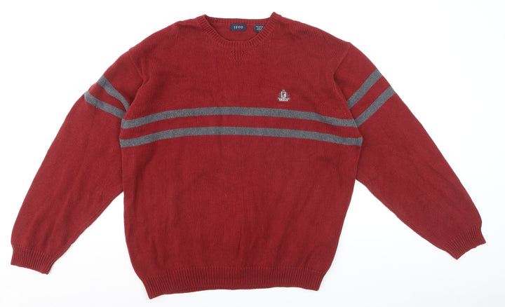 IZOD Men's Red Cotton Crew Neck Striped Pullover Jumper L