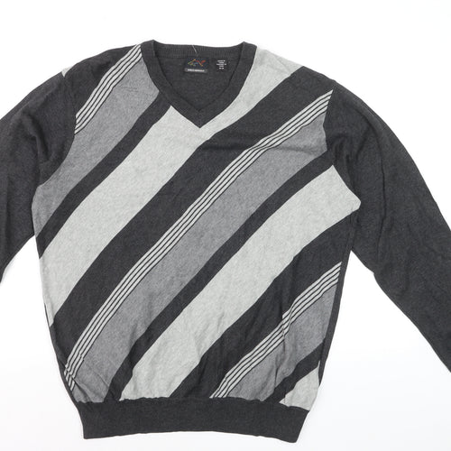 Greg Norman Men's Grey Striped V-Neck Cotton Pullover Jumper M