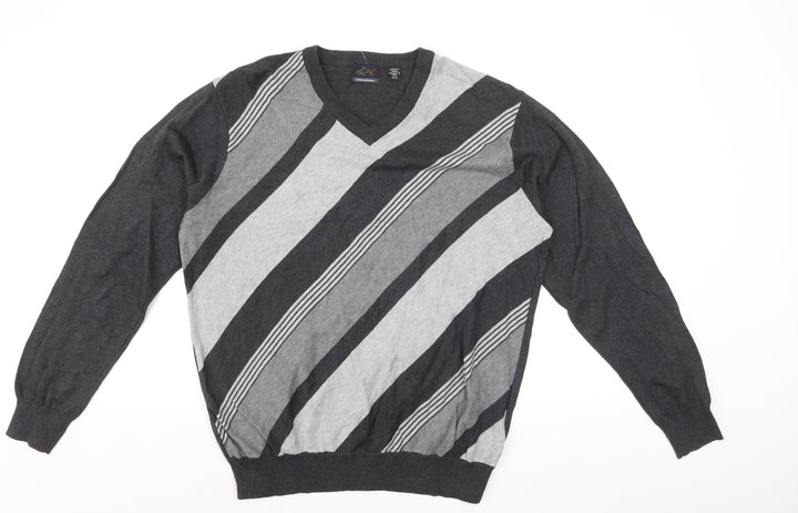 Greg Norman Men's Grey Striped V-Neck Cotton Pullover Jumper M