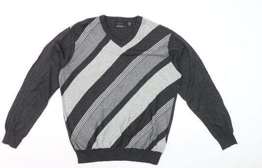 Greg Norman Men's Grey Striped V-Neck Cotton Pullover Jumper M