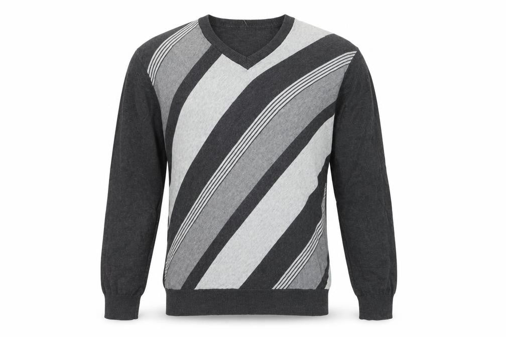 Front view of Greg Norman Men's Grey Striped V-Neck Cotton jumper M