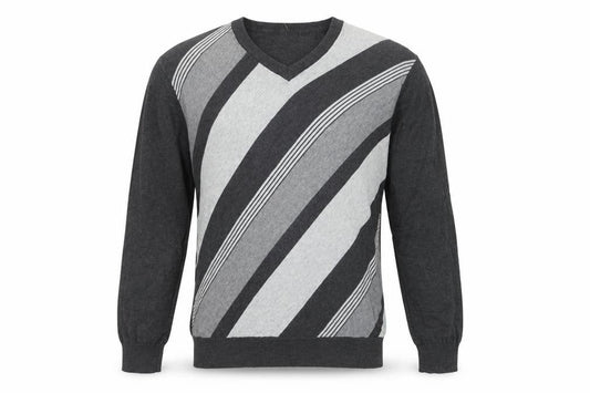 Front view of Greg Norman Men's Grey Striped V-Neck Cotton jumper M