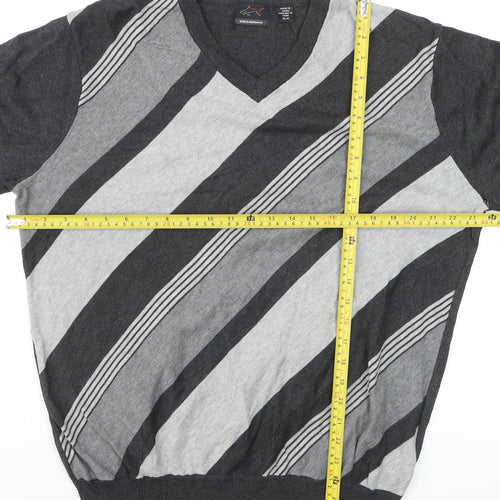 Greg Norman Men's Grey Striped V-Neck Cotton Pullover Jumper M