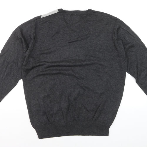 Greg Norman Men's Grey Striped V-Neck Cotton Pullover Jumper M