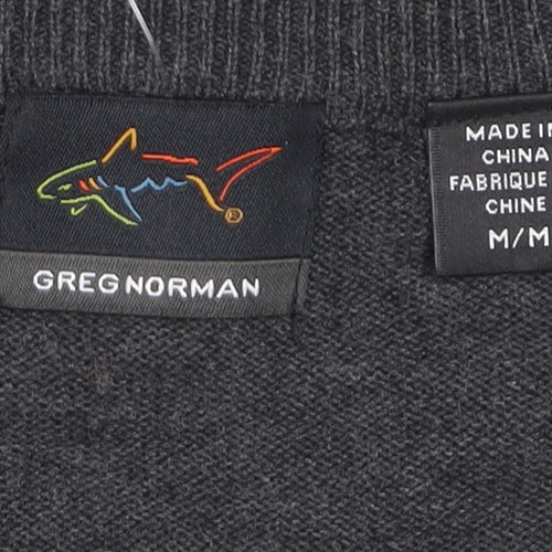 Greg Norman Men's Grey Striped V-Neck Cotton Pullover Jumper M