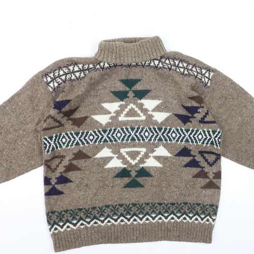 Christopher & Banks Men's Brown Aztec Wool Blend Roll Neck Jumper Size S