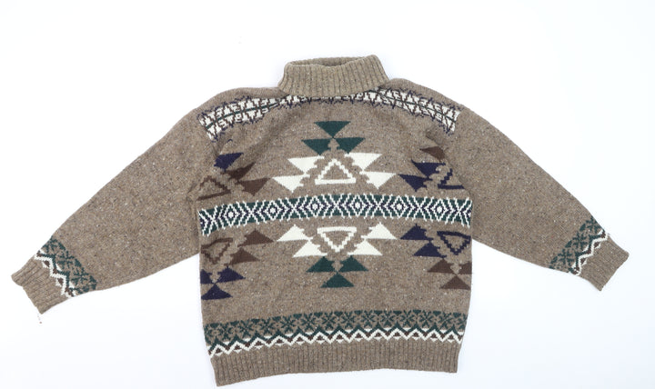 Christopher & Banks Men's Brown Aztec Wool Blend Roll Neck Jumper Size S