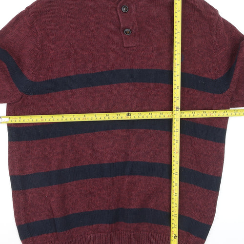 Chaps Men's Red Striped Cotton Henley Jumper Size L