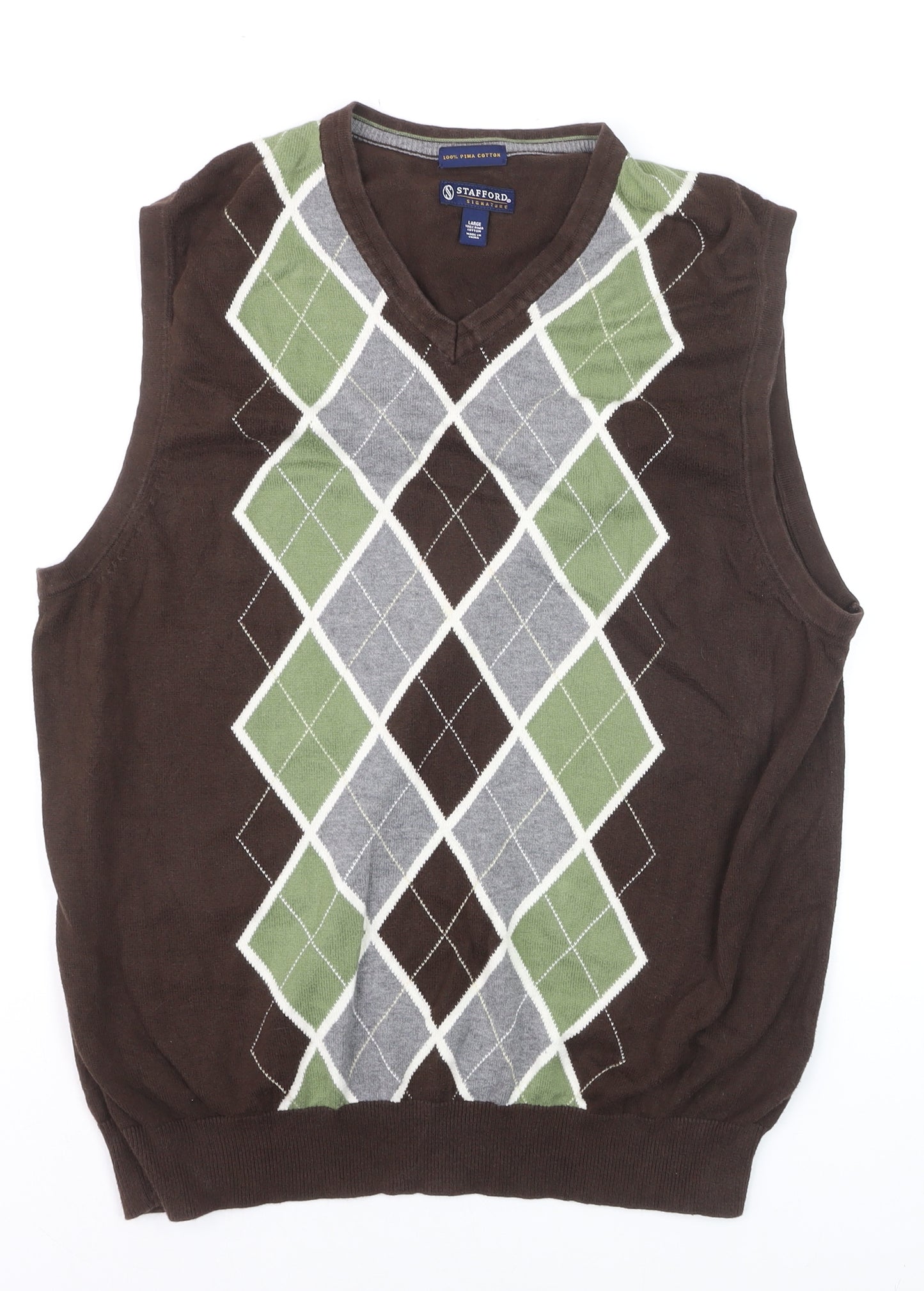 Stafford Men's Brown Argyle Cotton V-Neck Sweater Vest Size L