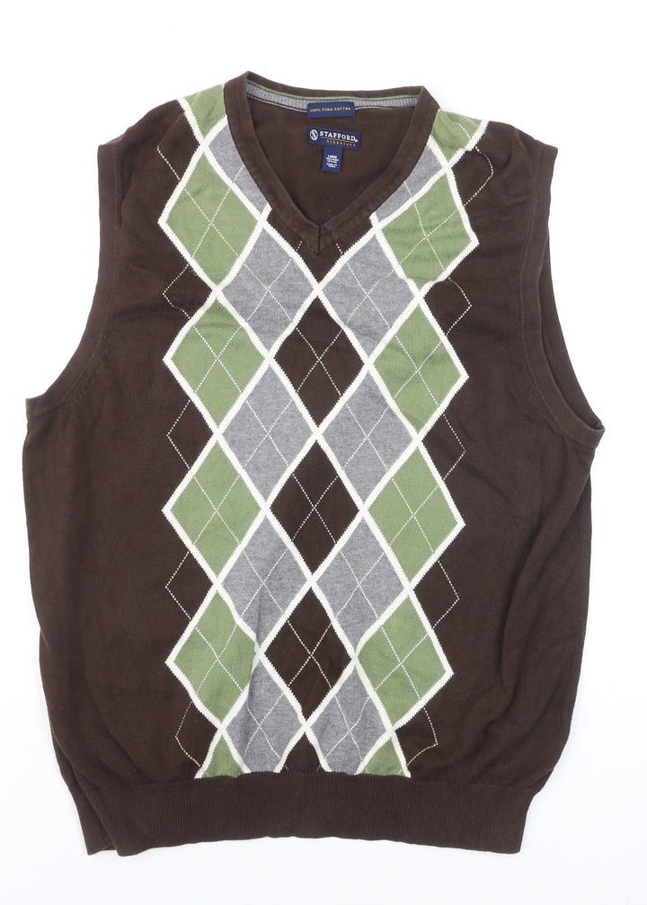 Stafford Men's Brown Argyle Cotton V-Neck Sweater Vest Size L