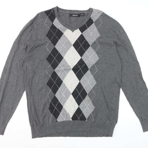 Claiborne Men's Grey Argyle V-Neck Cotton Jumper Size L
