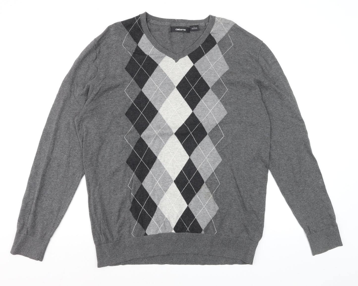 Claiborne Men's Grey Argyle V-Neck Cotton Jumper Size L