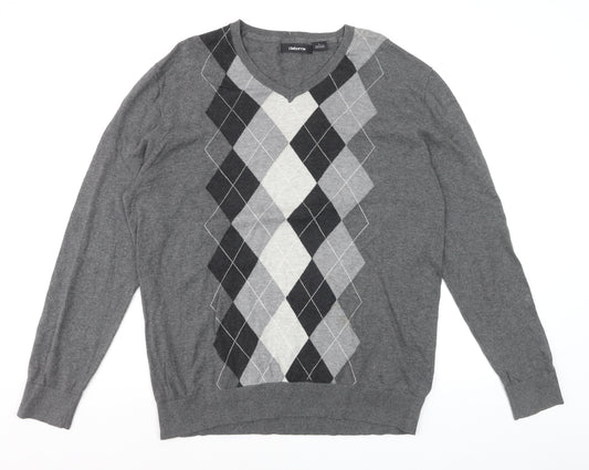 Claiborne Men's Grey Argyle V-Neck Cotton Jumper Size L