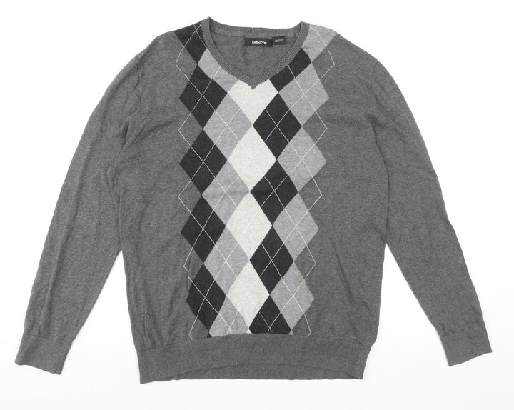 Claiborne Men's Grey Argyle V-Neck Cotton Jumper Size L