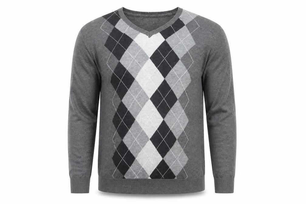 Front view of Claiborne Men's Grey Argyle V-Neck Cotton Jumper, size L