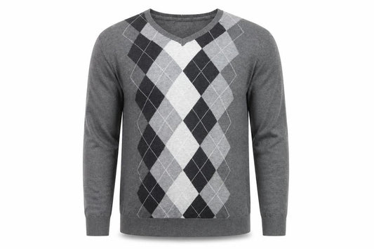 Front view of Claiborne Men's Grey Argyle V-Neck Cotton Jumper, size L