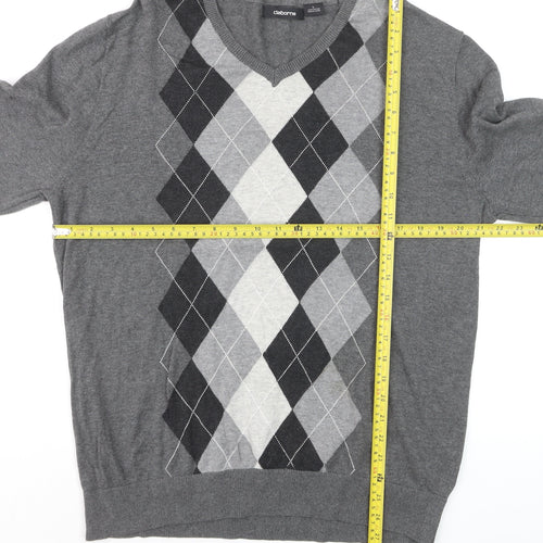 Claiborne Men's Grey Argyle V-Neck Cotton Jumper Size L