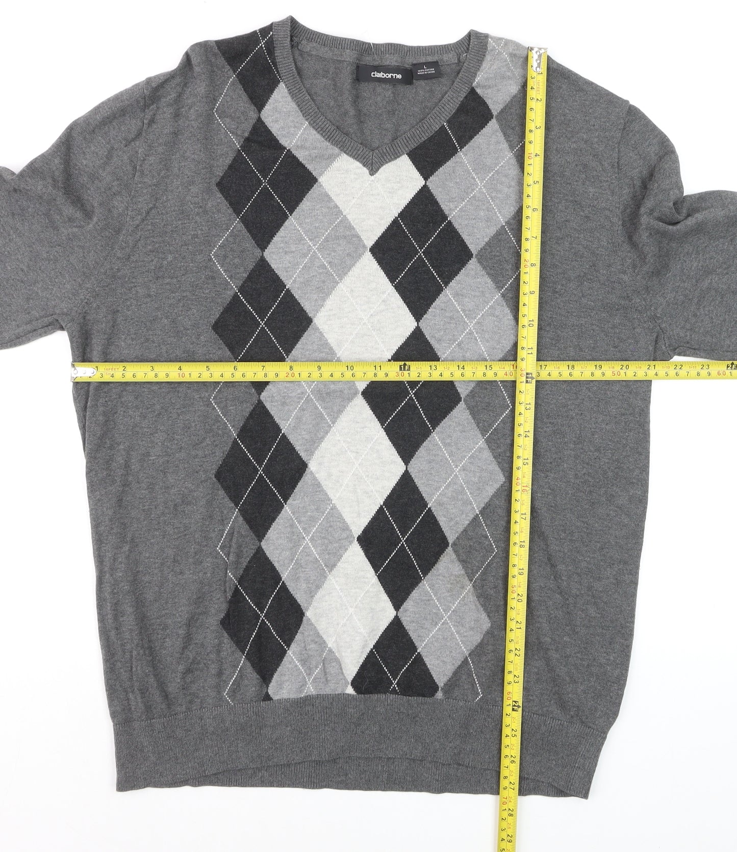 Claiborne Men's Grey Argyle V-Neck Cotton Jumper Size L