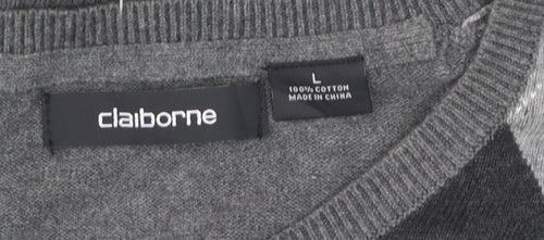 Claiborne Men's Grey Argyle V-Neck Cotton Jumper Size L