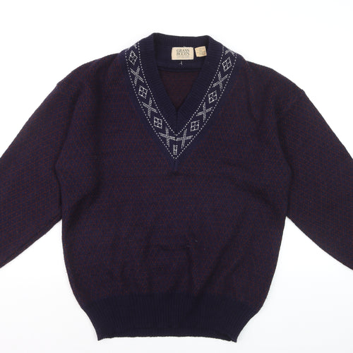 Grass Roots Men's Blue Wool Blend V-Neck Geometric Knit Jumper M