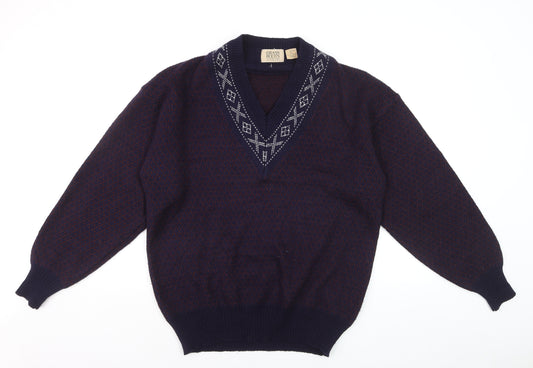 Grass Roots Men's Blue Wool Blend V-Neck Geometric Knit Jumper M