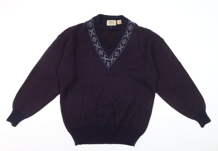 Grass Roots Men's Blue Wool Blend V-Neck Geometric Knit Jumper M
