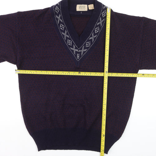 Grass Roots Men's Blue Wool Blend V-Neck Geometric Knit Jumper M
