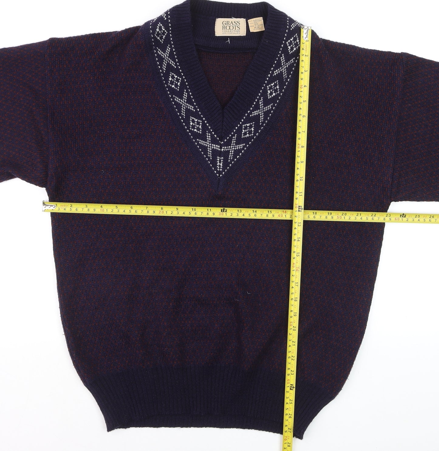 Grass Roots Men's Blue Wool Blend V-Neck Geometric Knit Jumper M