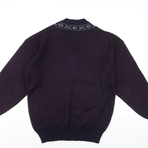 Grass Roots Men's Blue Wool Blend V-Neck Geometric Knit Jumper M