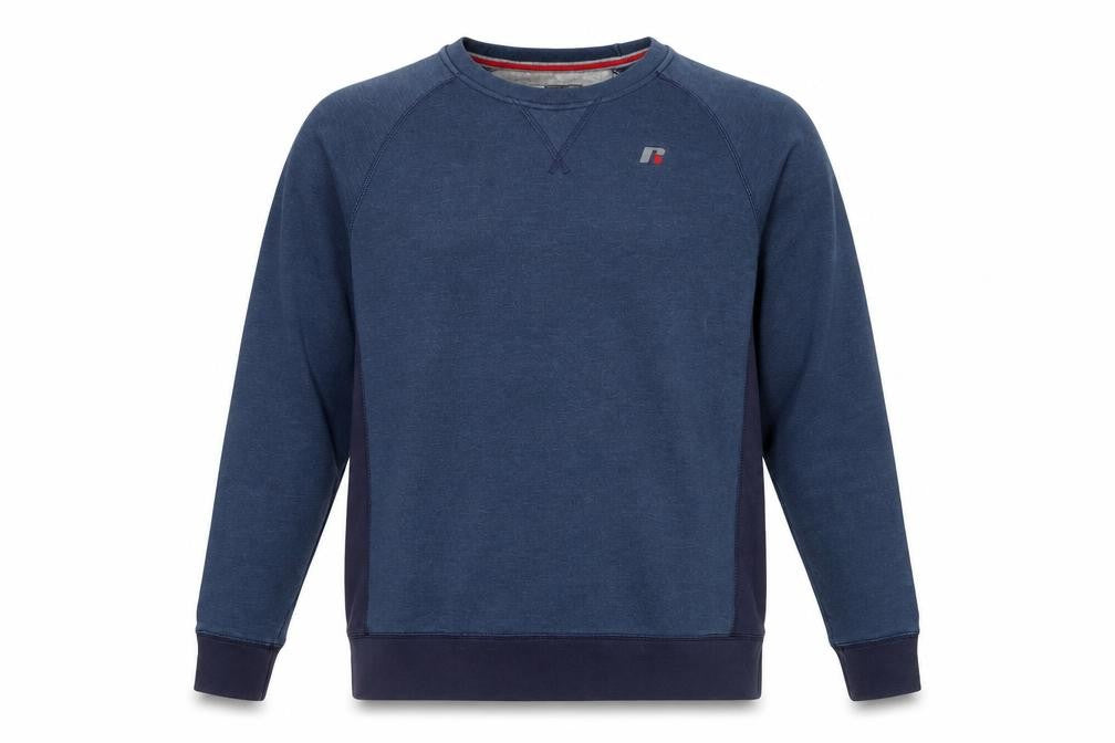 Front view of Russell Men’s Blue Crew Neck Pullover Sweatshirt Fleece, size M