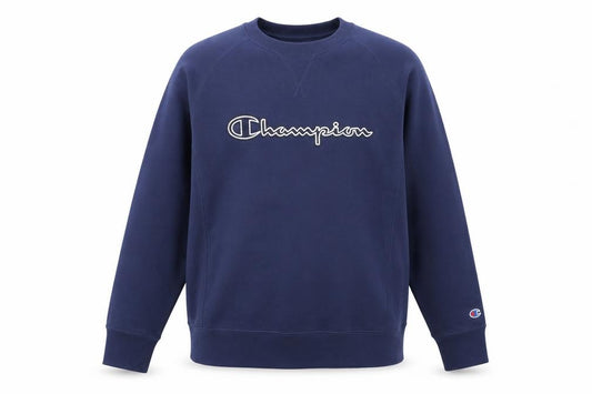 Front view of Champion Men's Blue Small Pullover Sweatshirt Crew Neck Logo Sportswear