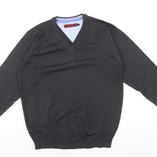 Coney Island Men's Grey Wool Blend V-Neck Jumper Medium