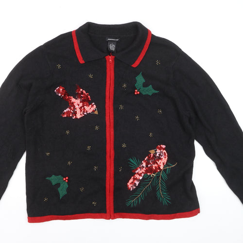 Jason Maxwell Womens Black L Collared Sequin Christmas Cardigan