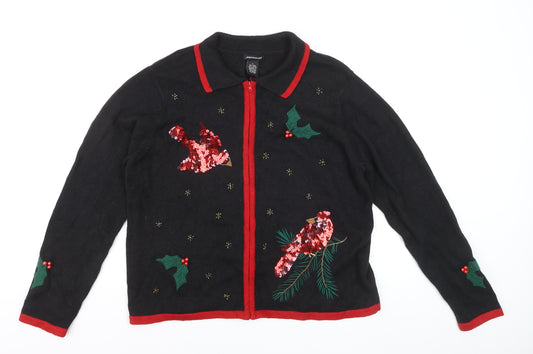 Jason Maxwell Womens Black L Collared Sequin Christmas Cardigan